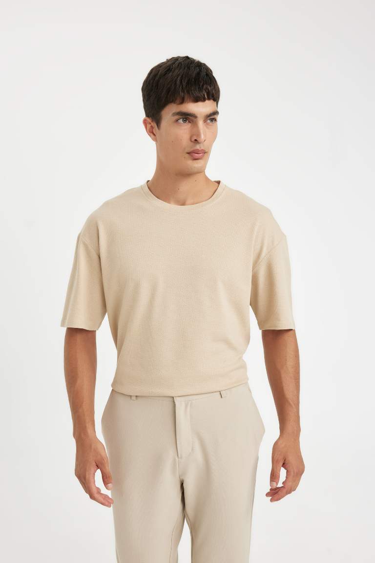 Beige Boxy Fit Crew Neck Waffle Fabric Cotton Basic T-Shirt