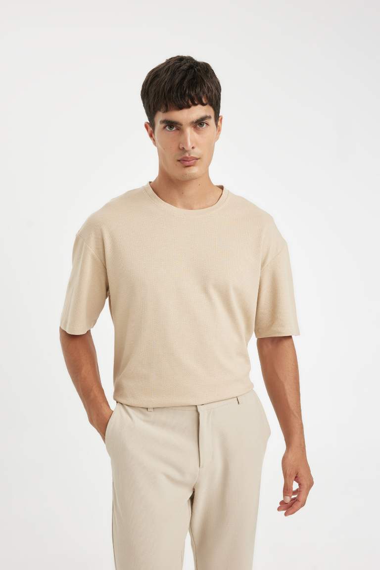 Beige Boxy Fit Crew Neck Waffle Fabric Cotton Basic T-Shirt