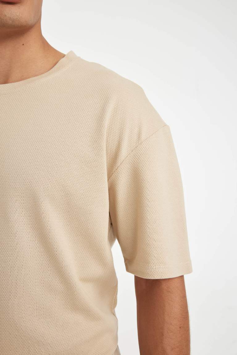 Beige Boxy Fit Crew Neck Waffle Fabric Cotton Basic T-Shirt