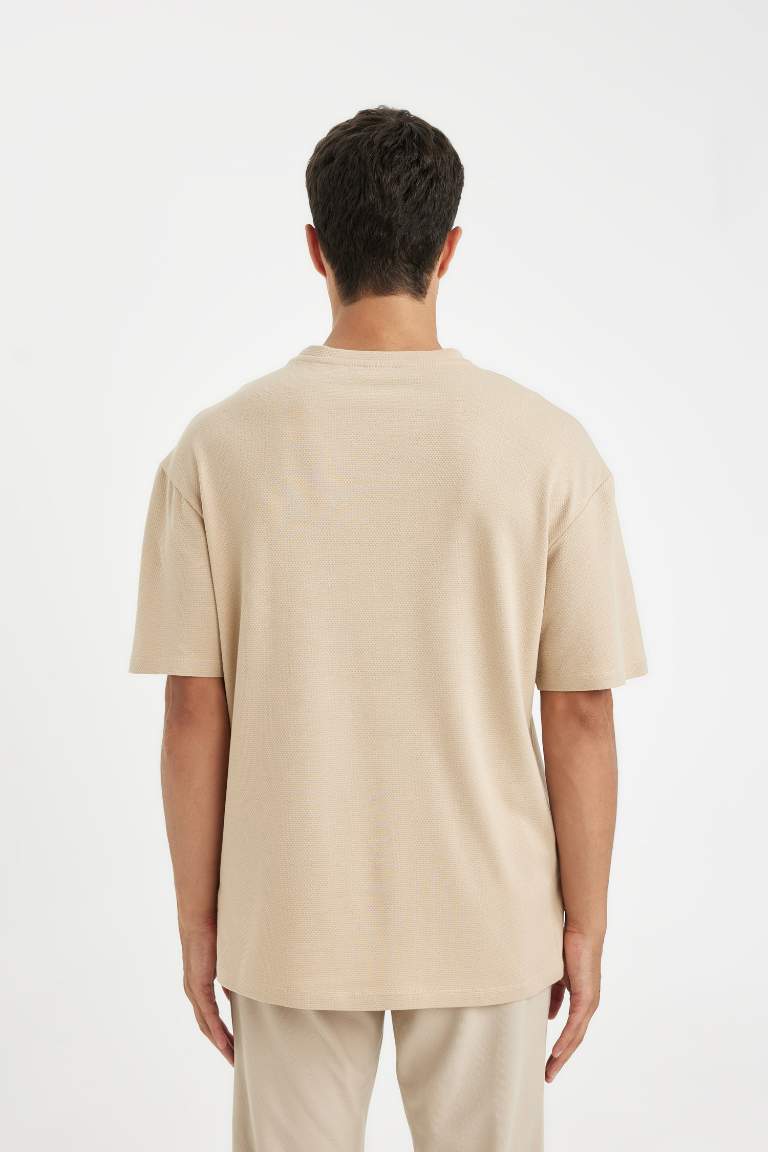 Beige Boxy Fit Crew Neck Waffle Fabric Cotton Basic T-Shirt