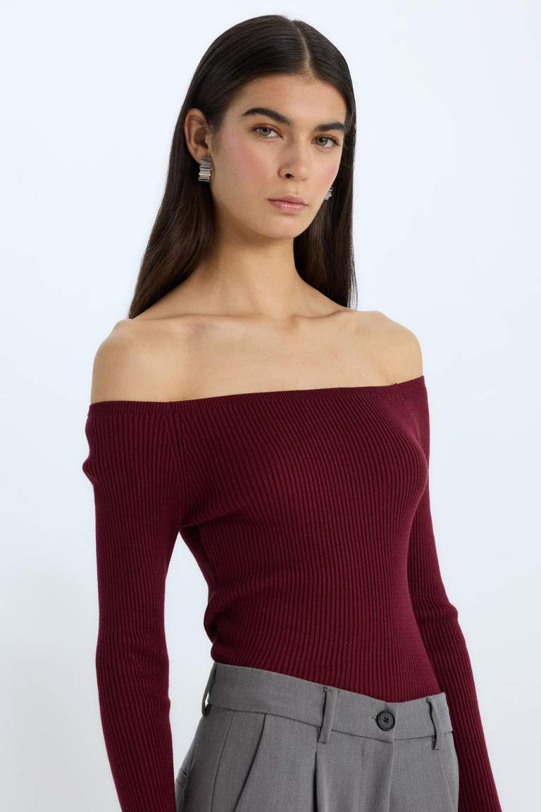 Fitted Açık Omuz Basic Düz Bordo Triko Kazak