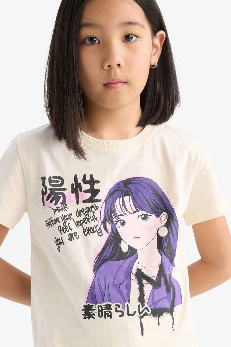 Girl Regular Fit Crew Neck Anime Print T-Shirt