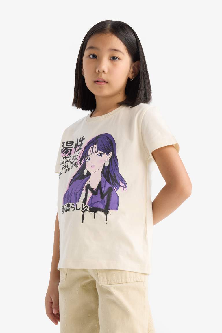 Girl Regular Fit Crew Neck Anime Print T-Shirt