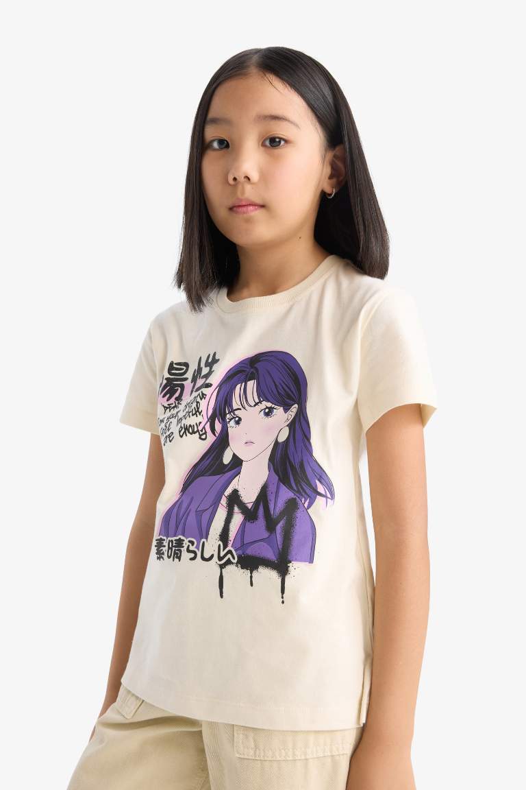 Girl Regular Fit Crew Neck Anime Print T-Shirt