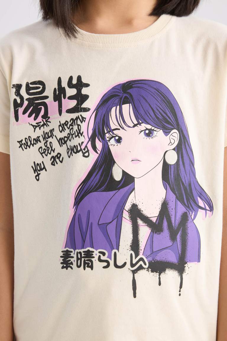 Girl Regular Fit Crew Neck Anime Print T-Shirt