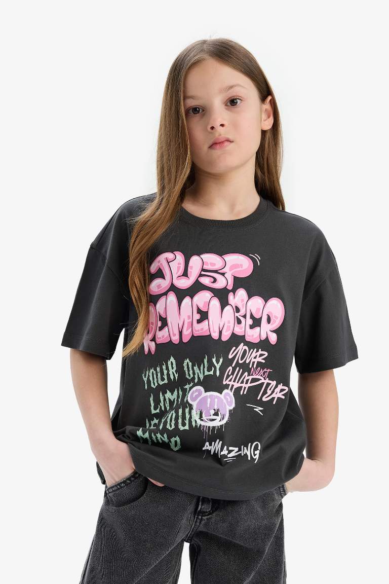 Girl Oversize Fit Crew Neck Slogan Printed T-Shirt