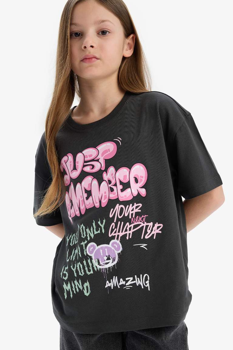 Girl Oversize Fit Crew Neck Slogan Printed T-Shirt