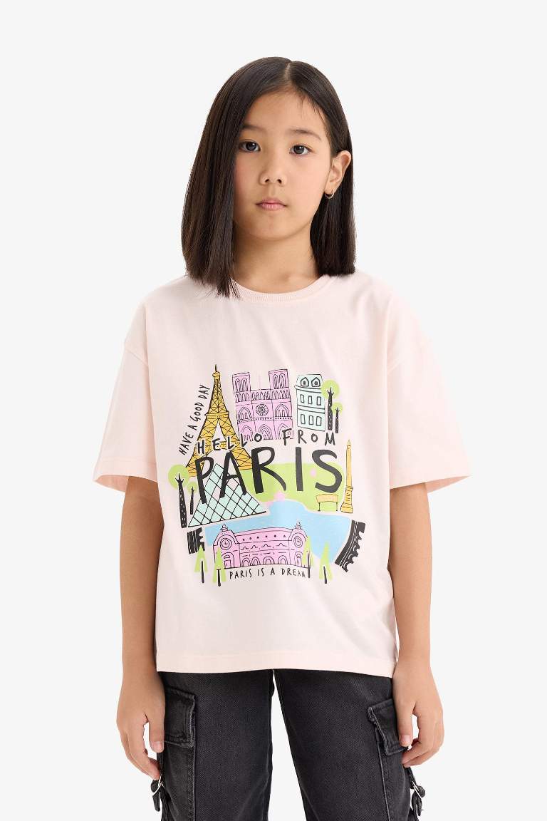 T-shirt oversize imprimé à col rond et manches courtes pour fille