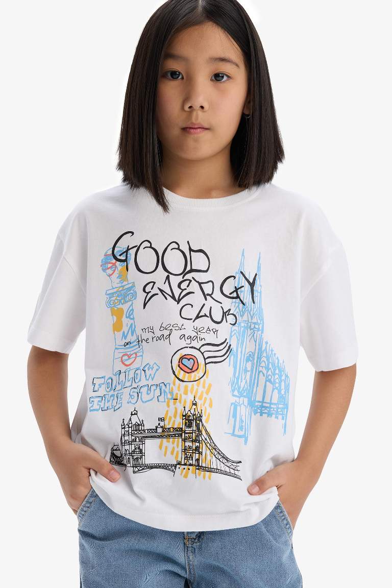 Girl Oversize Fit Crew Neck Slogan Printed T-Shirt