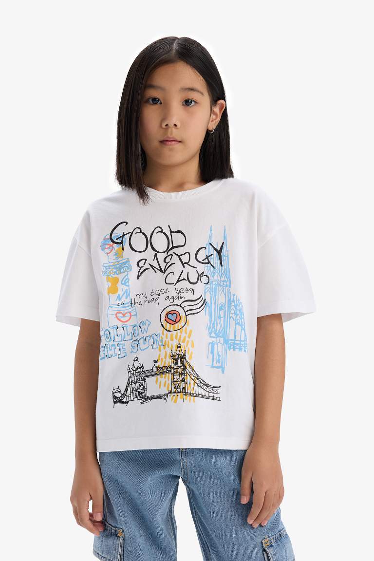 Girl Oversize Fit Crew Neck Slogan Printed T-Shirt