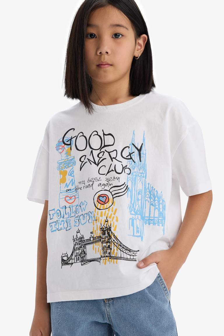 Girl Oversize Fit Crew Neck Slogan Printed T-Shirt