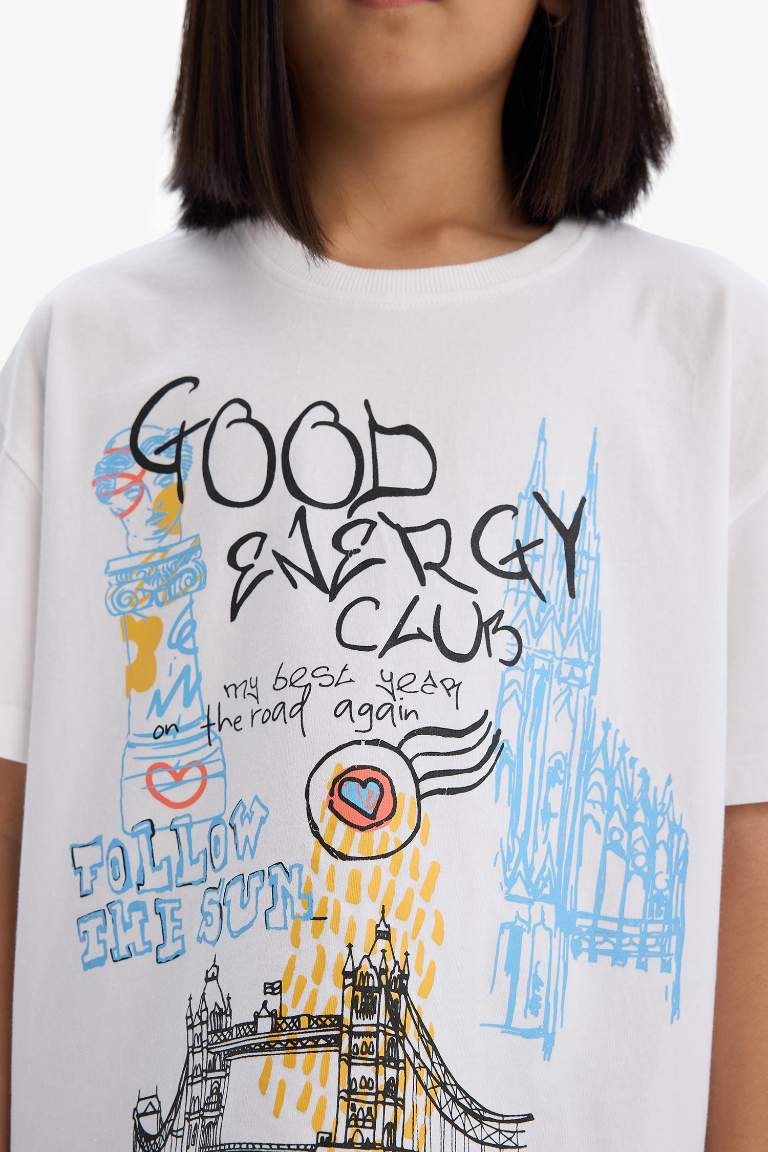 Girl Oversize Fit Crew Neck Slogan Printed T-Shirt