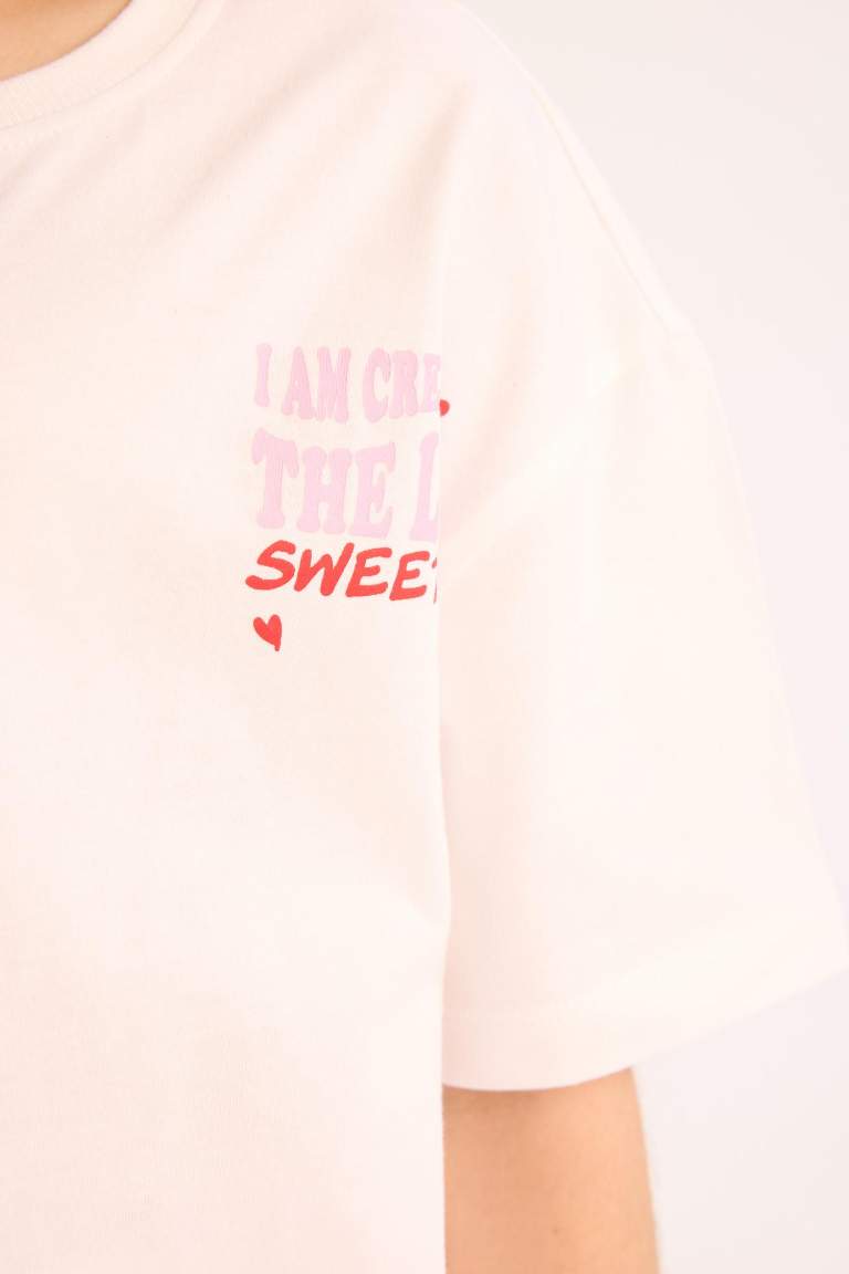 Girl Oversize Fit Crew Neck Slogan Printed T-Shirt