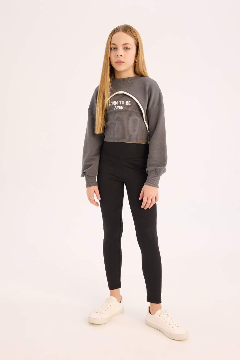 Girl Crew Neck Printed Crop Sweatshirt