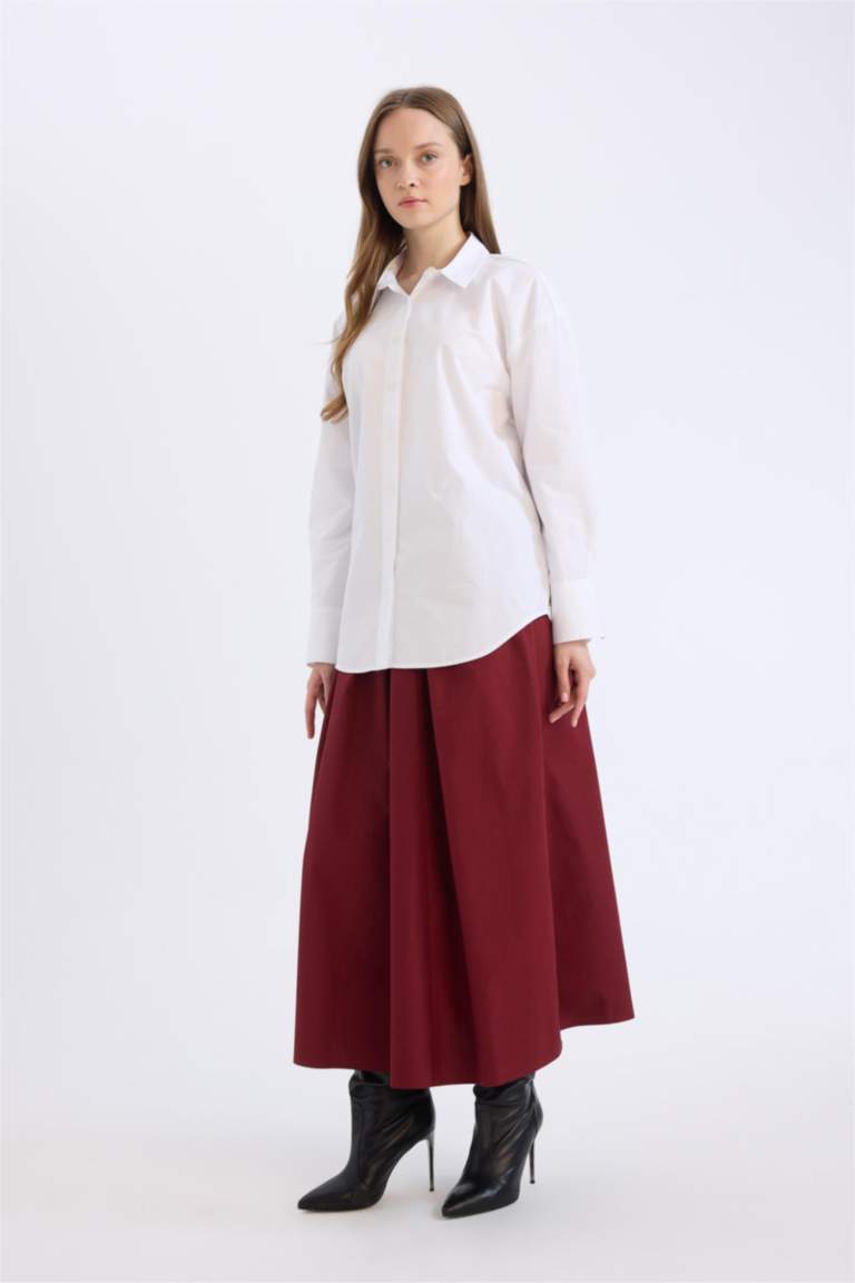 A Kesim Beli Fermuarlı Basic Düz Poplin Kumaş Maxi Etek