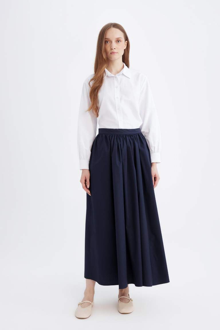 A Kesim Beli Fermuarlı Basic Düz Poplin Kumaş Maxi Etek