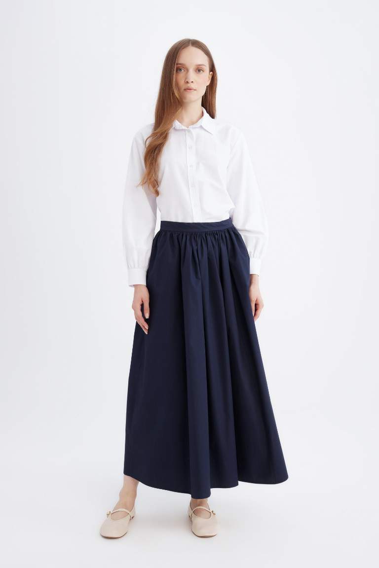 A Kesim Beli Fermuarlı Basic Düz Poplin Kumaş Maxi Etek