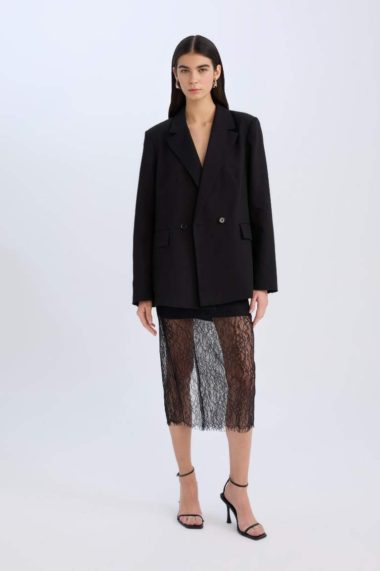 Slim Fit Dar Kesim Astarlı Midi Dantelli Etek