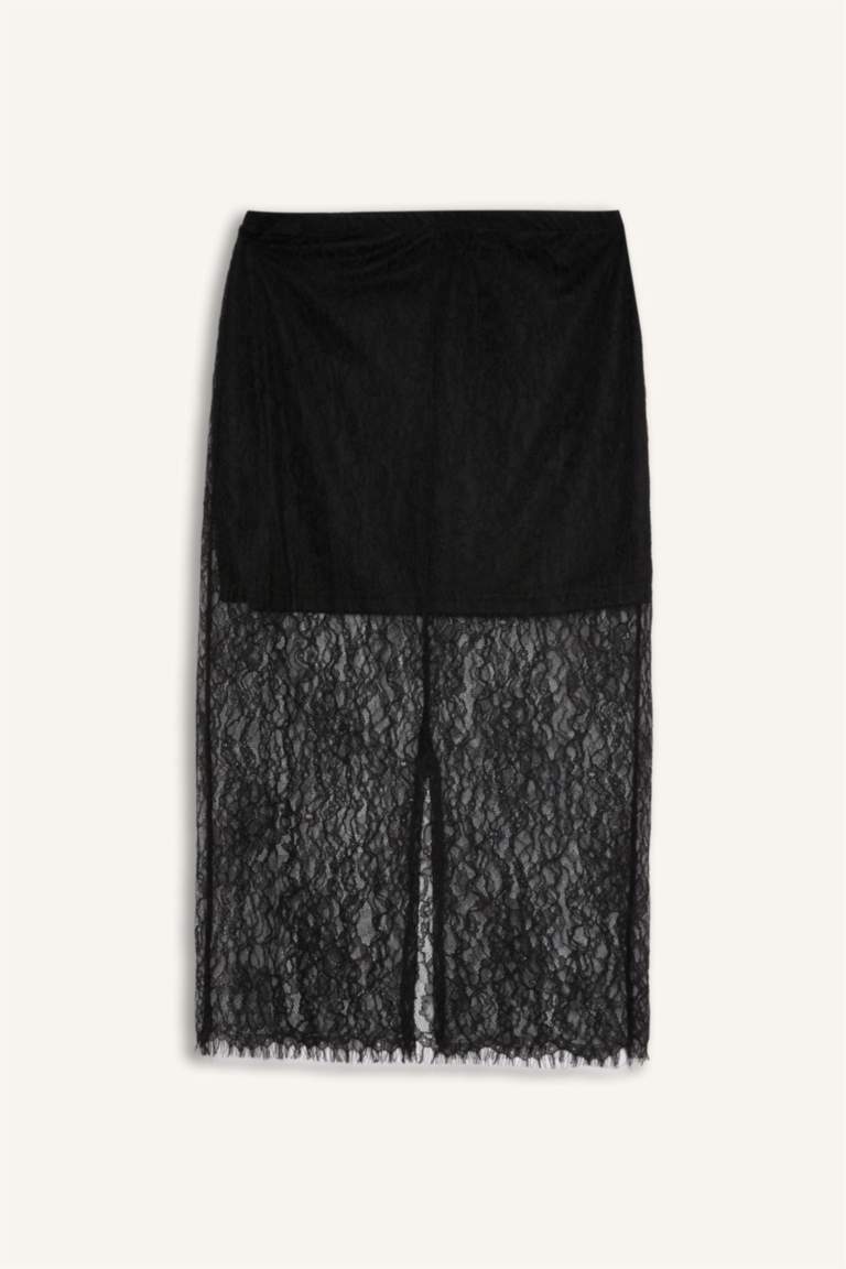 Slim Fit Dar Kesim Astarlı Midi Dantelli Etek
