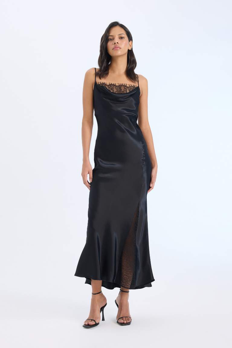 Cowl Neck A Cut Satin Strappy Midi Dress