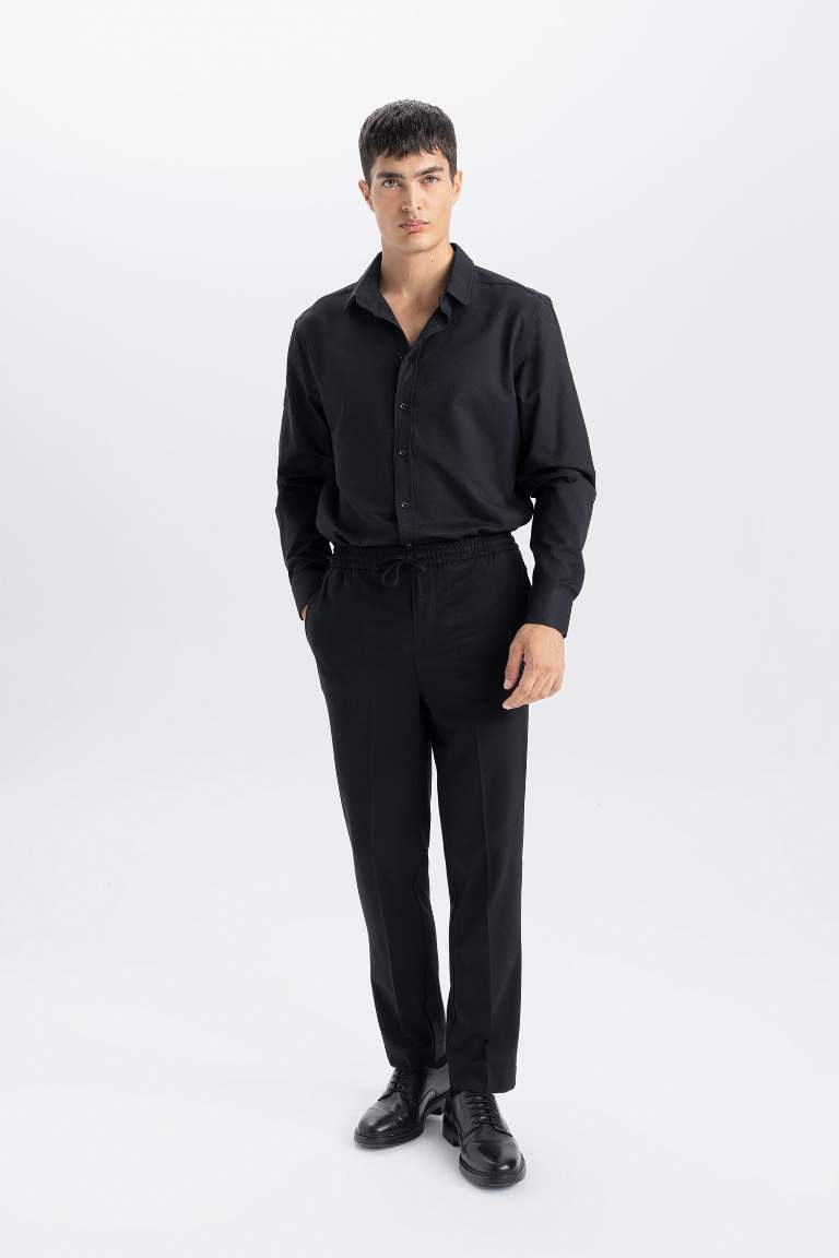 Okula Dönüş Modern Fit Polo Yaka Dokulu Uzun Kollu Gömlek