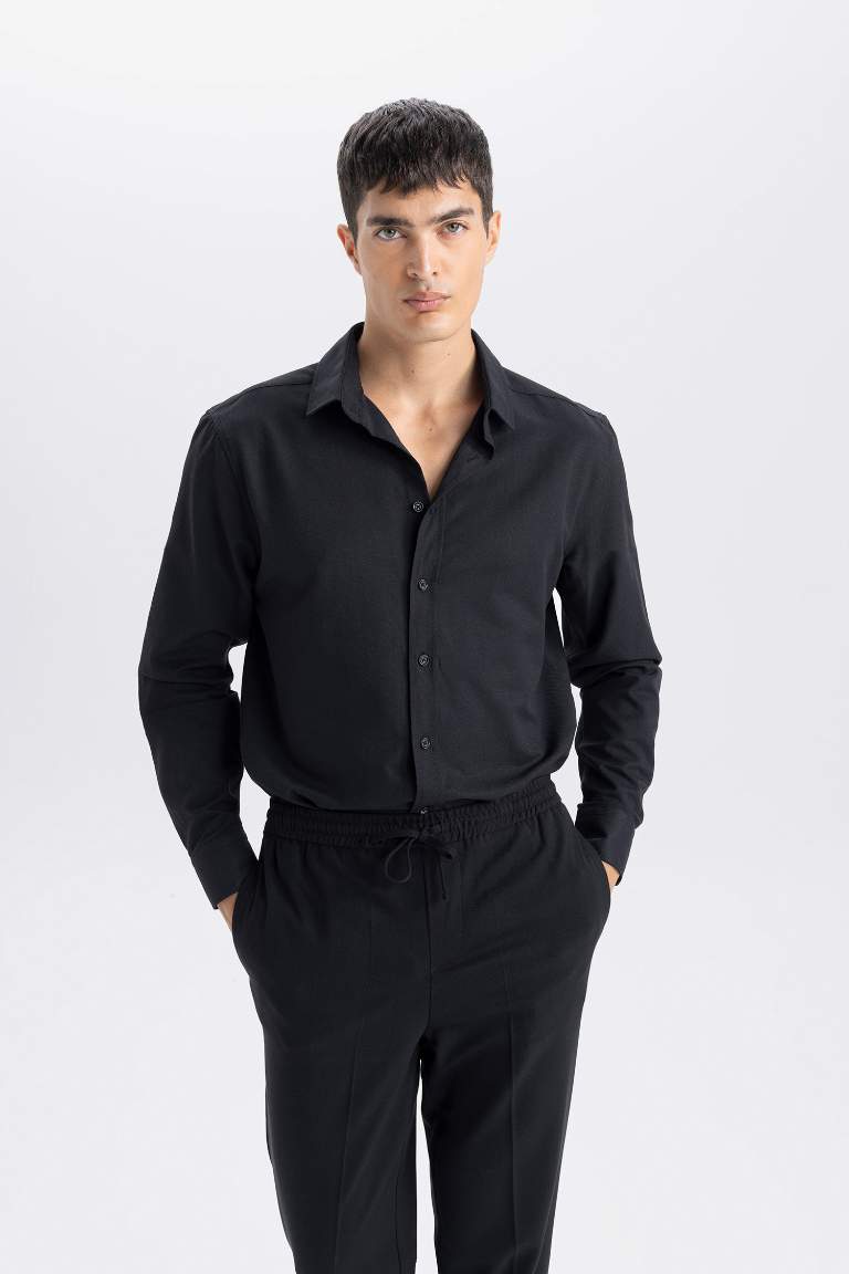 Okula Dönüş Modern Fit Polo Yaka Dokulu Uzun Kollu Gömlek