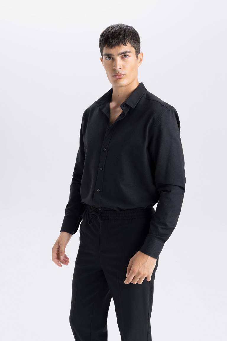 Okula Dönüş Modern Fit Polo Yaka Dokulu Uzun Kollu Gömlek