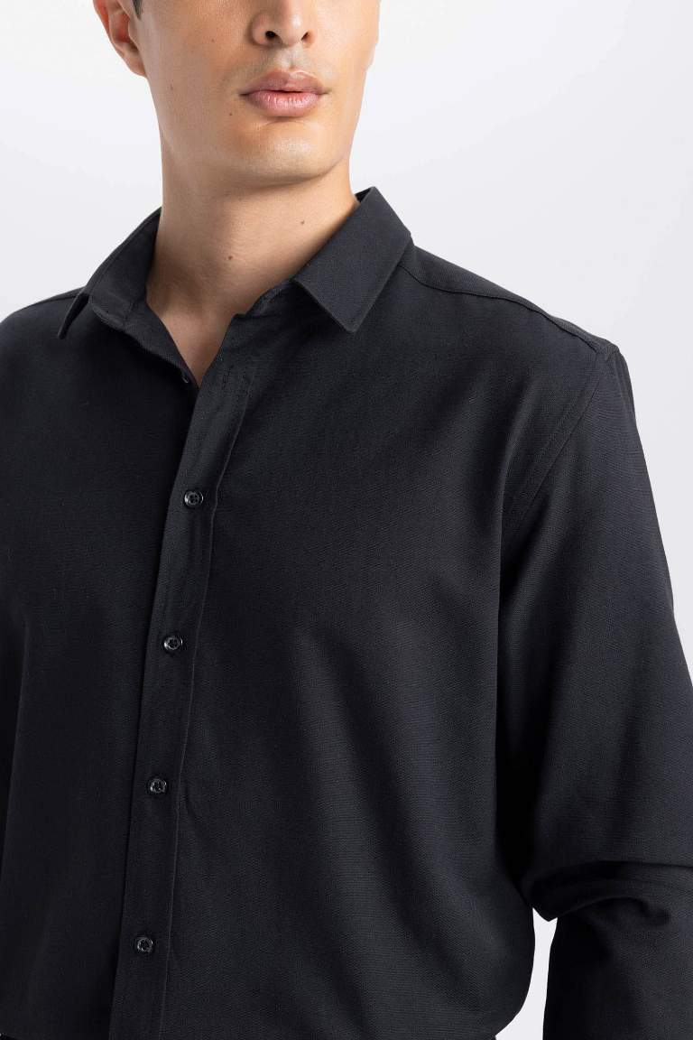 Okula Dönüş Modern Fit Polo Yaka Dokulu Uzun Kollu Gömlek