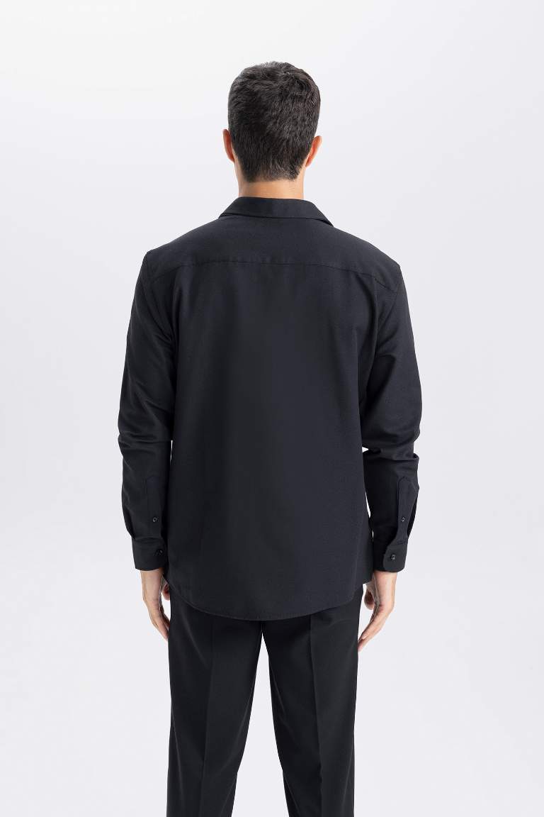 Okula Dönüş Modern Fit Polo Yaka Dokulu Uzun Kollu Gömlek