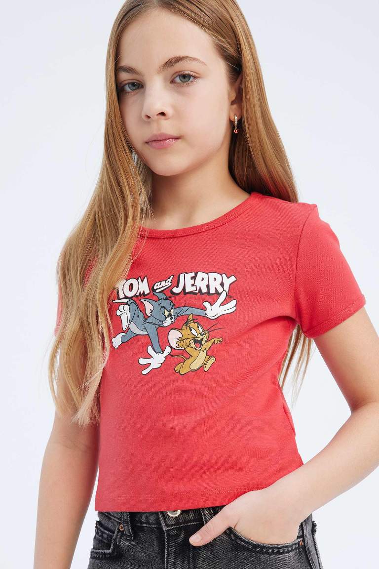 T-shirt imprimé Tom & Jerry crop à col rond et manches courtes pour fille