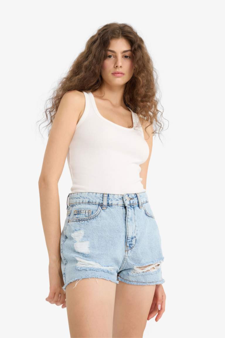 High Waist Crop Fit Denim Shorts