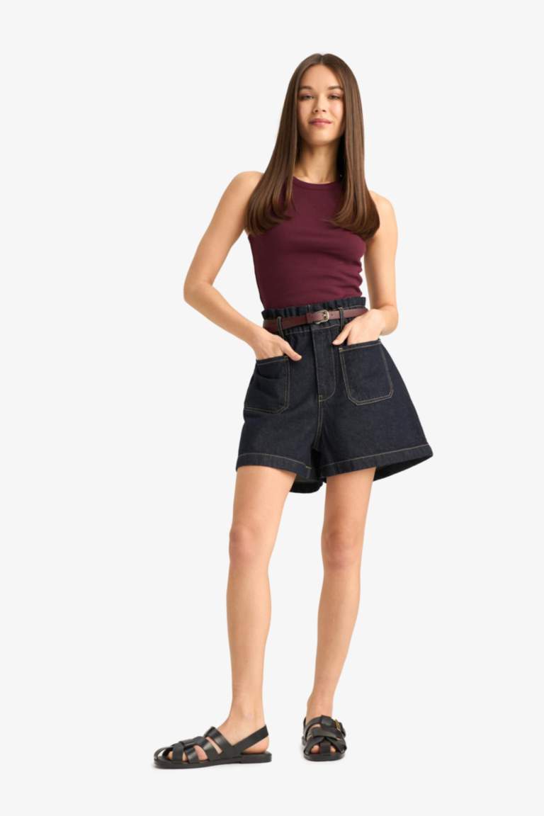 Paperbag High Waist Folded Leg Denim Shorts