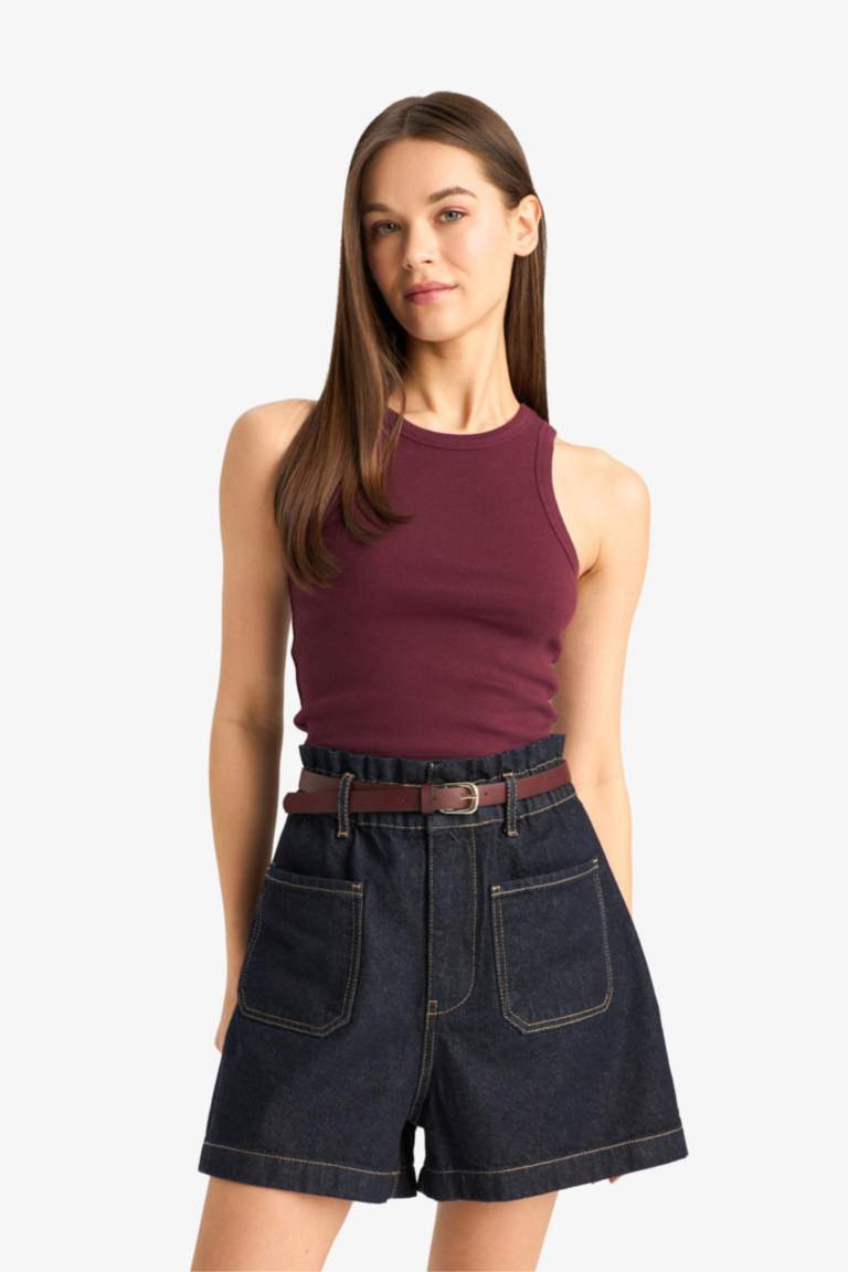 Paperbag High Waist Folded Leg Denim Shorts