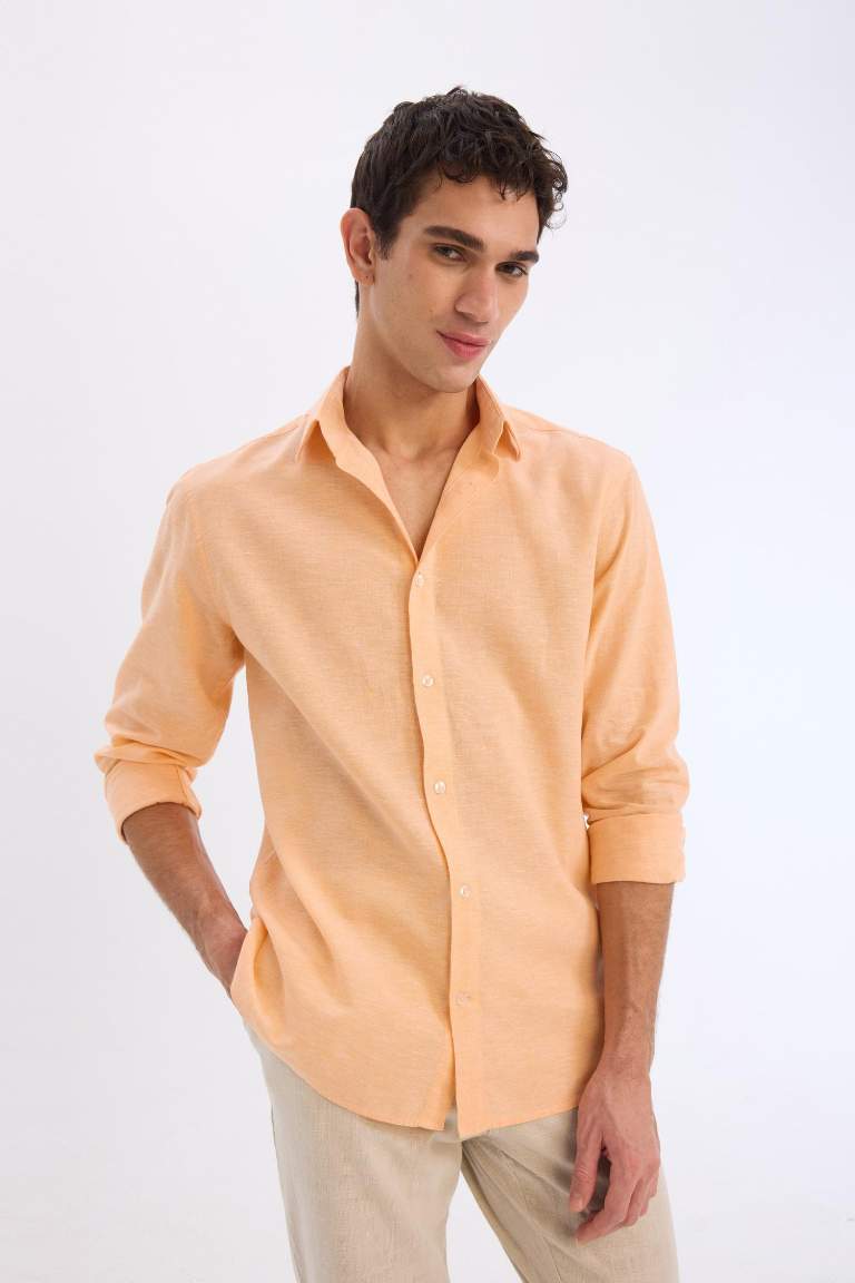 Regular Fit Polo Yaka Keten Karışımlı Yazlık Uzun Kollu Gömlek