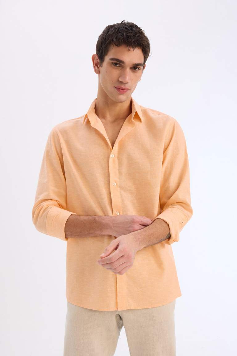 Regular Fit Polo Yaka Keten Karışımlı Yazlık Uzun Kollu Gömlek