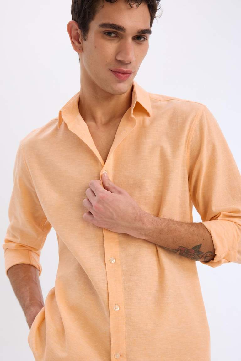 Regular Fit Polo Yaka Keten Karışımlı Yazlık Uzun Kollu Gömlek