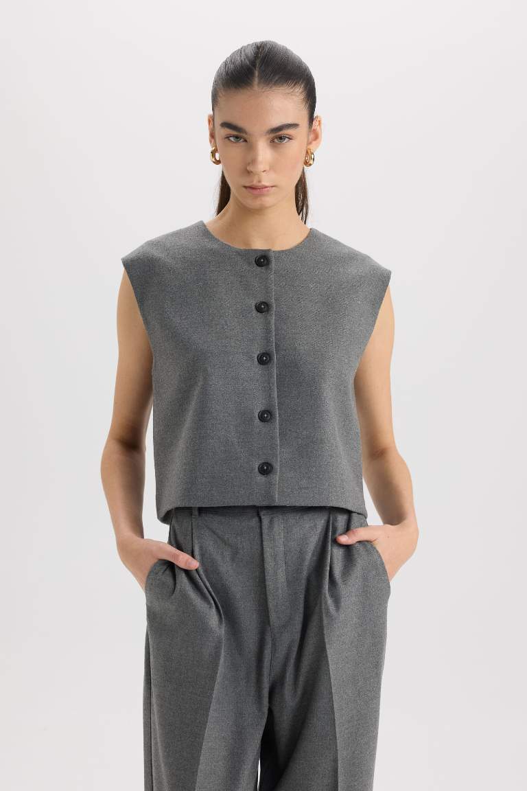 Crew Neck Basic Buttoned Blazer Vest