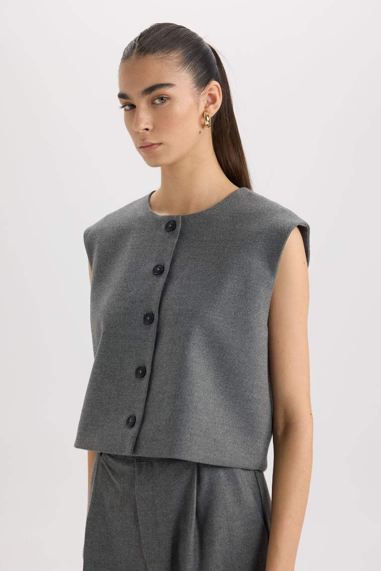 Crew Neck Basic Buttoned Blazer Vest