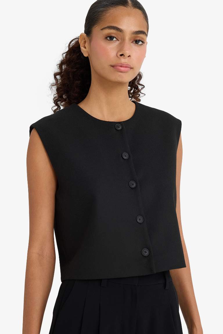 Bisiklet Yaka Basic Düz Düğmeli Blazer Yelek