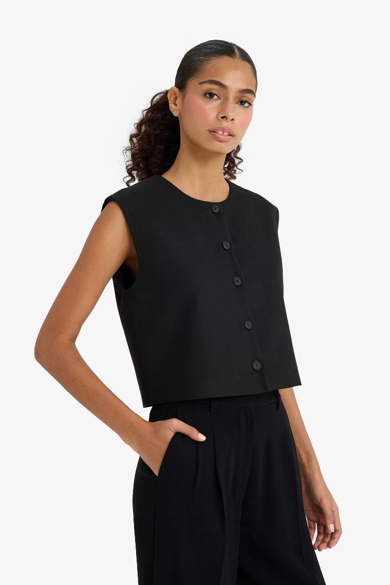 Bisiklet Yaka Basic Düz Düğmeli Blazer Yelek
