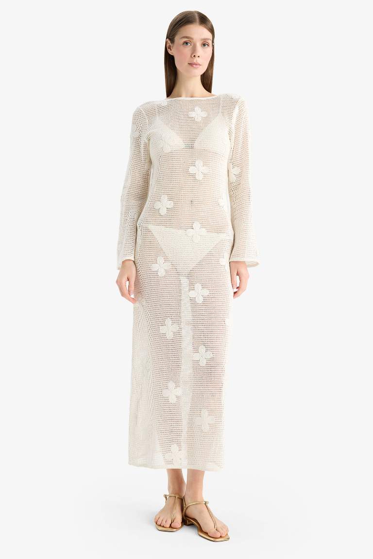Regular Fit Uzun Kollu Dantelli Maxi Plaj Elbisesi-Fall in Love