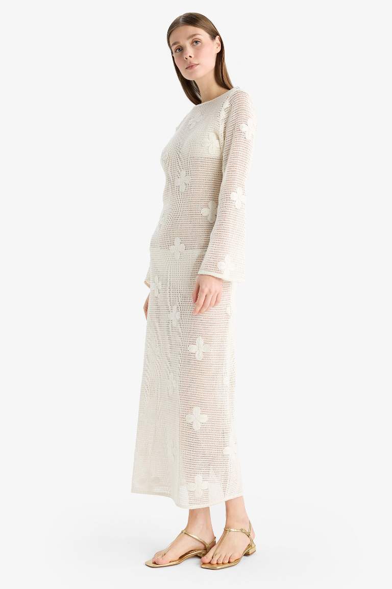 Regular Fit Uzun Kollu Dantelli Maxi Plaj Elbisesi-Fall in Love