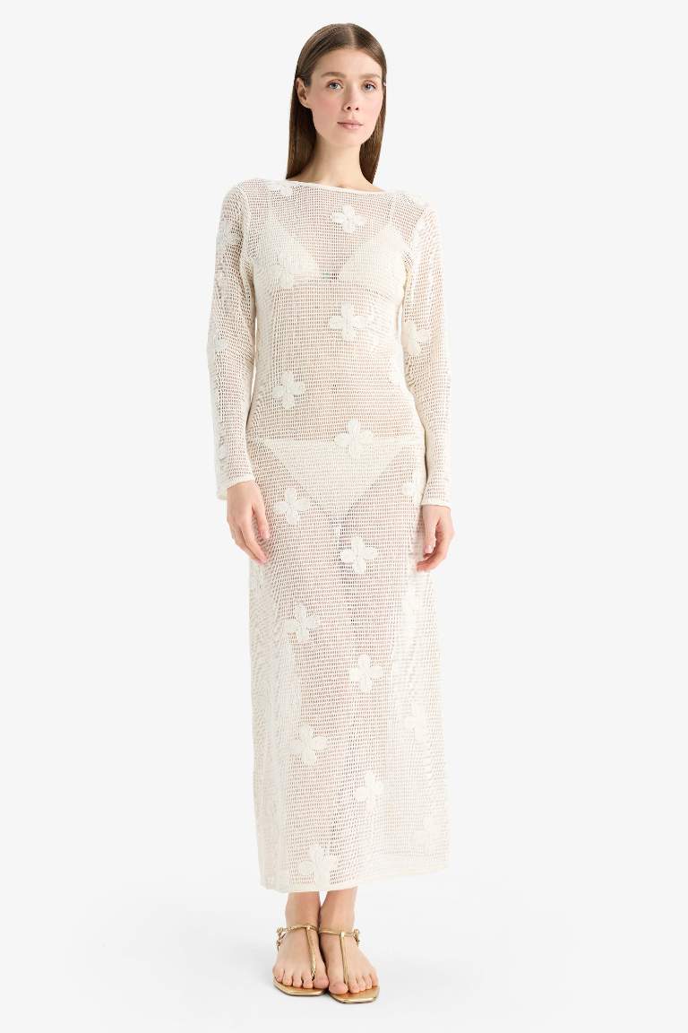 Regular Fit Uzun Kollu Dantelli Maxi Plaj Elbisesi-Fall in Love