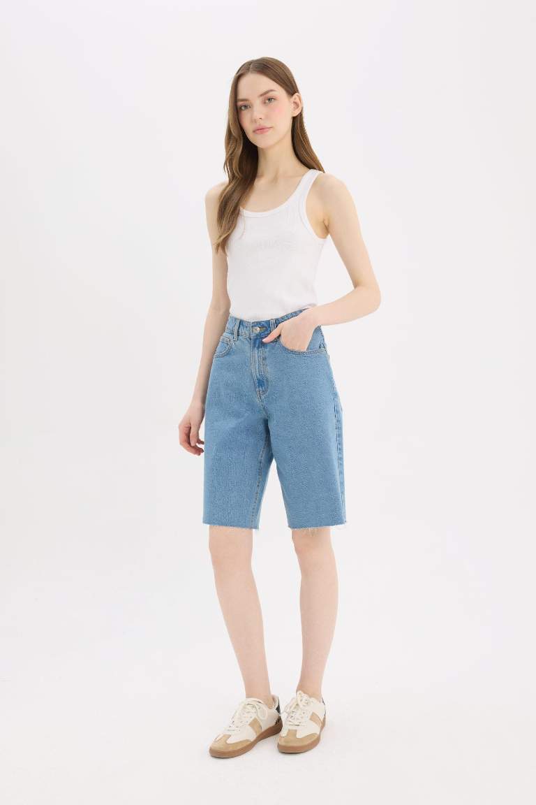 High Waist Denim Bermuda Shorts