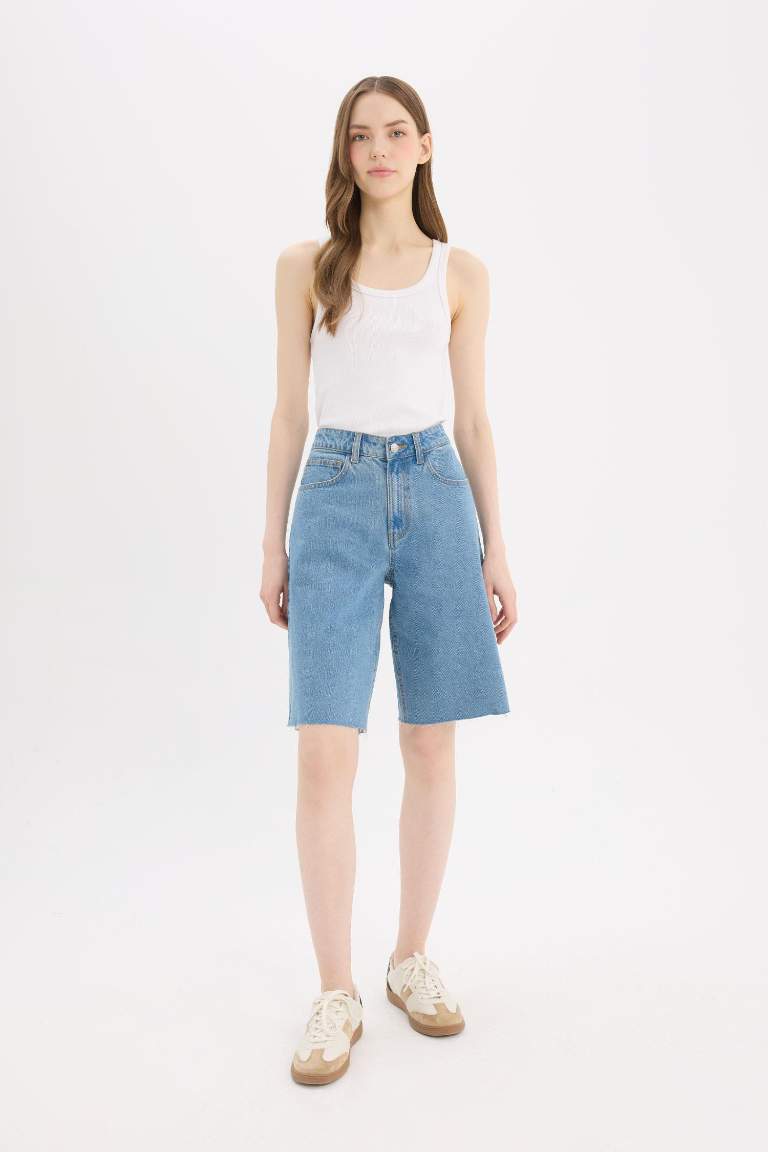 High Waist Denim Bermuda Shorts