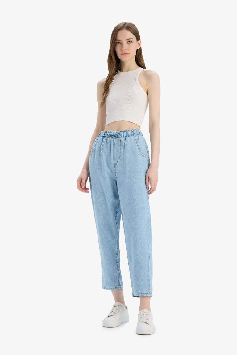 Pull On Paperbag Yüksek Bel Düz Paça Uzun Yumuşak Jean Pantolon