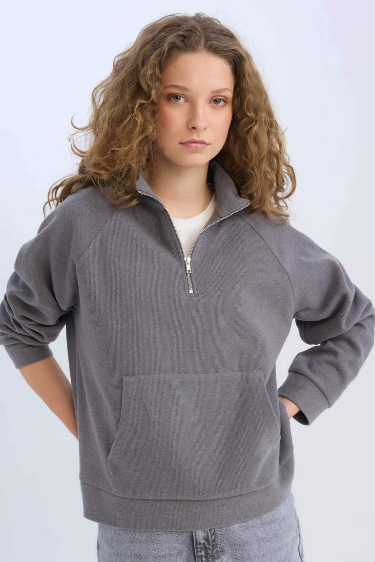 Oversize Fit Basic Zippered Polo Neck Sweatshirt