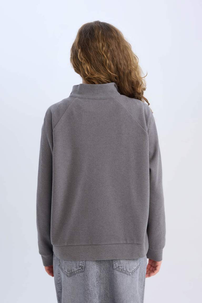 Oversize Fit Basic Zippered Polo Neck Sweatshirt