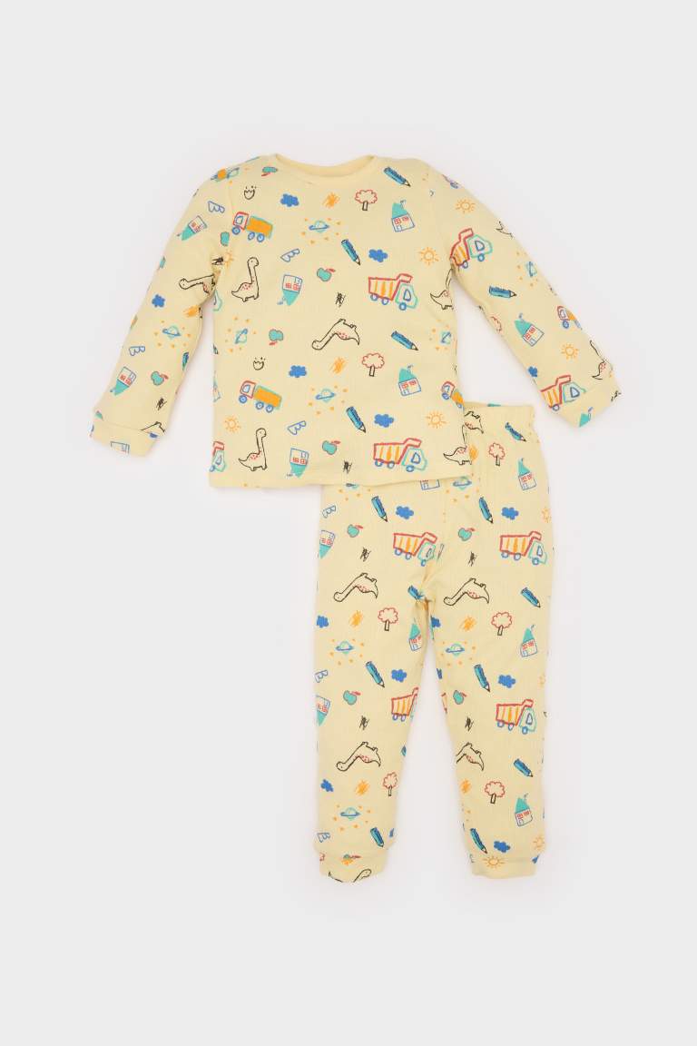 Baby Boy Vehicle Printed Long Sleeve Waffle 2 Piece Pajama Set