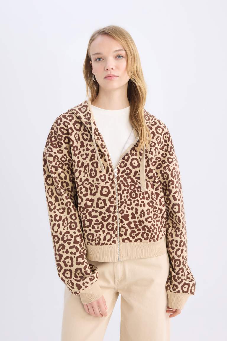 Loose Fit  Hooded Zippered Leopard Sweatshirt